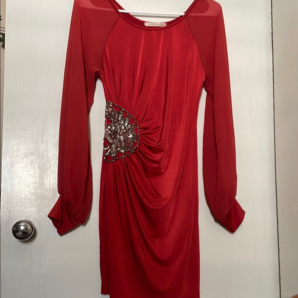 Red Long Sleeve Mini Dress with Embellished Accent